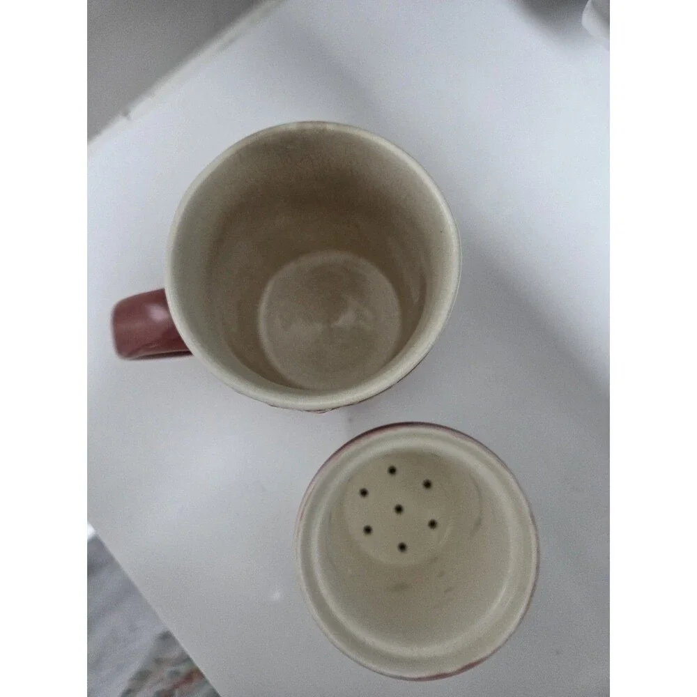 World Market Ceramic Tea Cups Mugs With Infuser Pink/Bordeaux  Floreal embossed